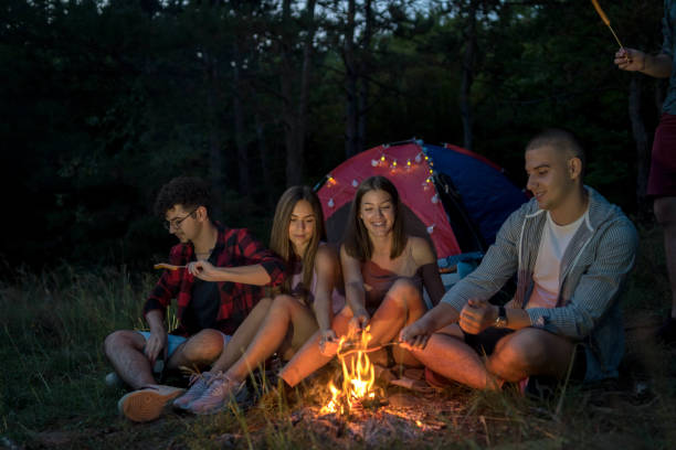 istock friends roasting marshmallows over the fire in a grill 2164244390