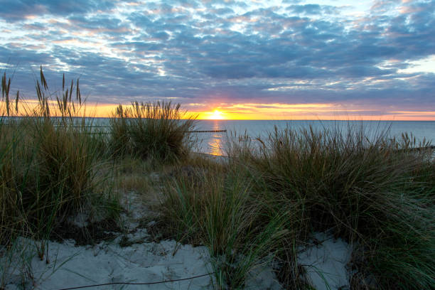 istock Sunset over the sea, with sand dunes and beach grass 2164249011