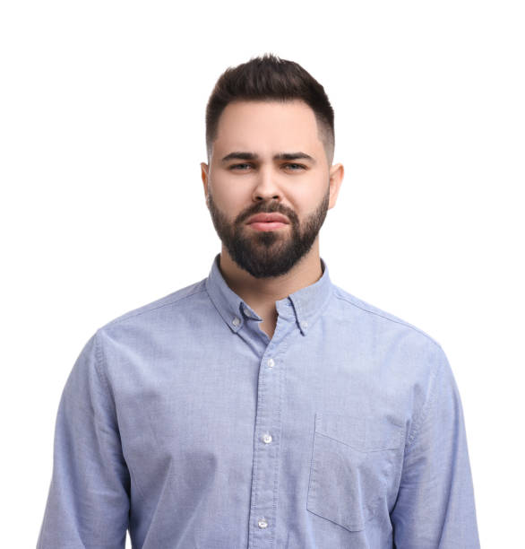 istock Portrait of sad man on white background 2164250056