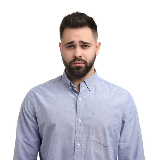 istock Portrait of sad man on white background 2164250596