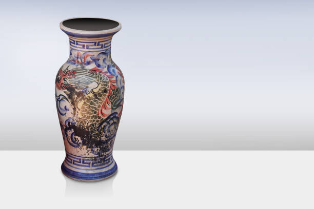 antique and old ceramic vase on white floor, gradient blue and white background, object background, decor, vintage, retro, fashion, copy space