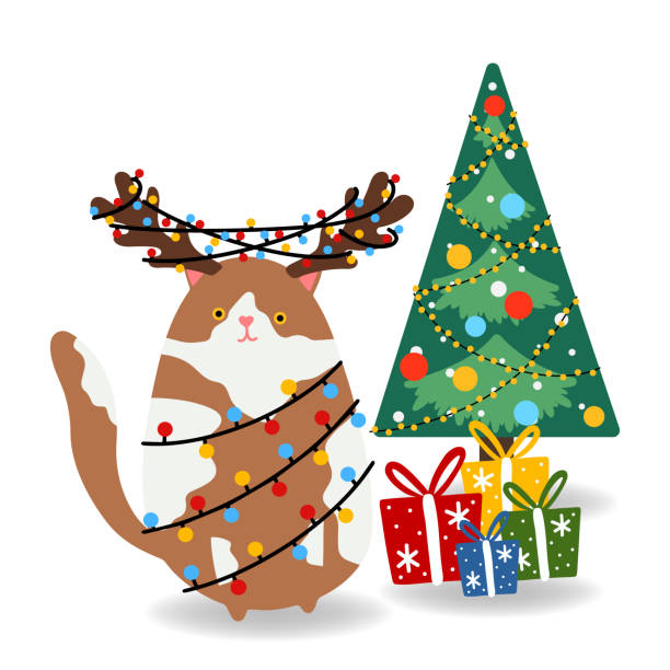 istock Funny Christmas Vector illustration. Cat, gift box, Christmas tree, Santa Claus in flat style, isolated for holiday designs banner, cover, advertisement, greeting card. Concept of Christmas and New Year 2164254285
