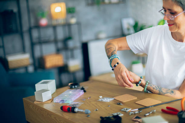 istock Women making handmade jewelry at  art studio 2164262544