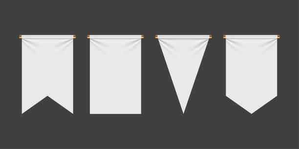 istock set of white pennant flags mockup, blank vertical banners on flagpole. Isolated medieval heraldic empty ensign templates 2164263139