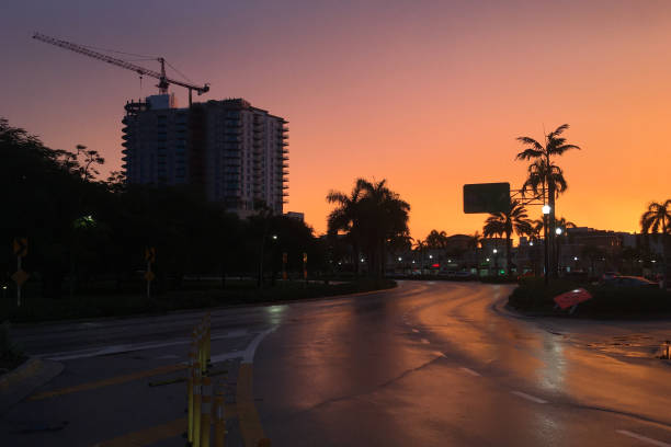 Image of an empty city at sunset with reddish sky