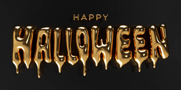 Luxury Happy Halloween greeting card. Dripping molten gold font on black background. Golden inscription with liquid effect. 3d render. Bold Halloween lettering with golden metallic surface