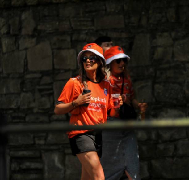 dublin ireland july 28 2024...armagh gaa football fans walking towards croke park for the all ireland final againt galway