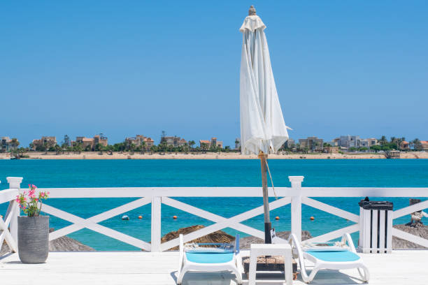 istock beach with umbrellas and chairs 2164276756