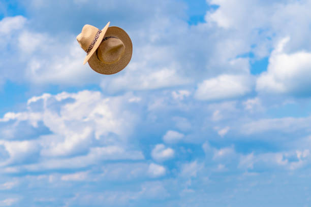 istock Straw hats floating in blue sky 2164276798