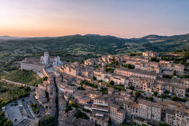 Dramatic aerial view of Asissi, Umbria, Italy