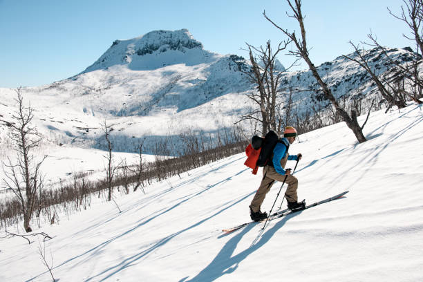 istock Skier tourist is walking down a snowy slope between bare trees 2164281253