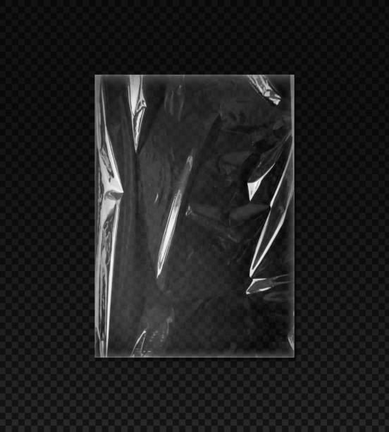 Plastic or vinyl wrap texture with wrinkles, vector polyethylene sleeve PVC rectangle transparent overlay cling film bag Plastic or vinyl wrap texture with wrinkles. Vector realistic shrink polyethylene sleeve, cling film bag. PVC rectangle frame with smooth glossy surface for transparent overlay package mockup polythene stock illustrations