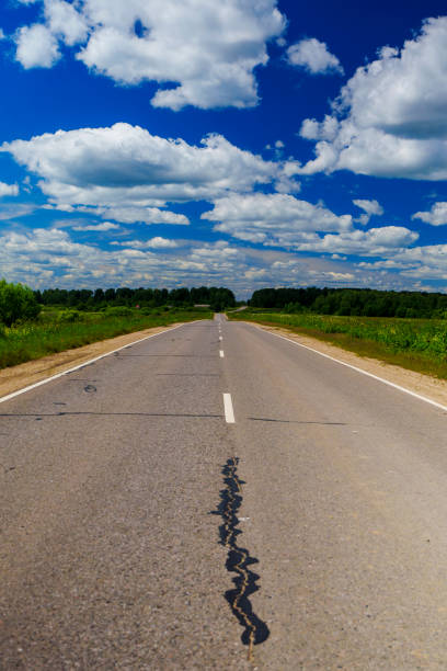 A deserted country road stretches into the distance under a partly cloudy sky, bordered by green fields and dense trees, capturing the serene countryside.