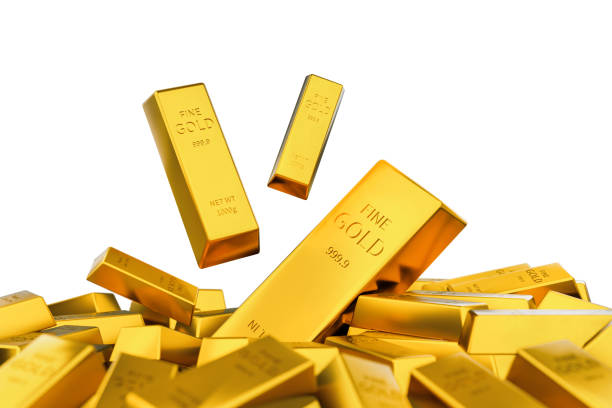 istock Gold falls and gold bar stack isolated on white background, 3d illustration 2164300377