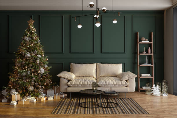 istock Modern Living Room With Christmas Tree, Gift Boxes,  Sofa And Coffee Table At Night 2164305343