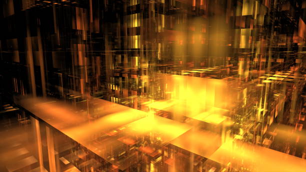 istock Bright, golden abstract structures pulsate in a vibrant digital setting, creating an immersive atmosphere filled with energy and innovation. 3d render 2164306873