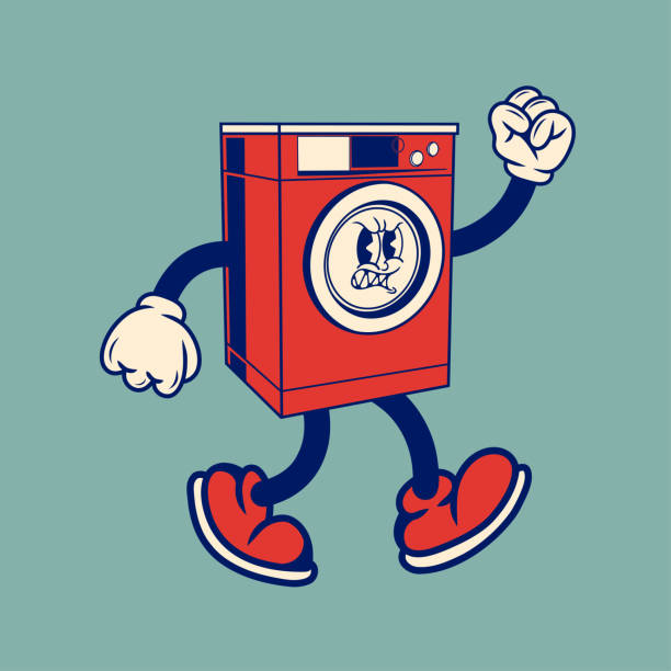 Retro character design of washing machine, simple vector design, cute sticker, character sticker
