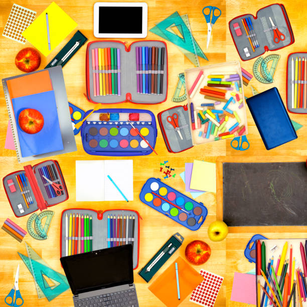 High angle view of school supplies