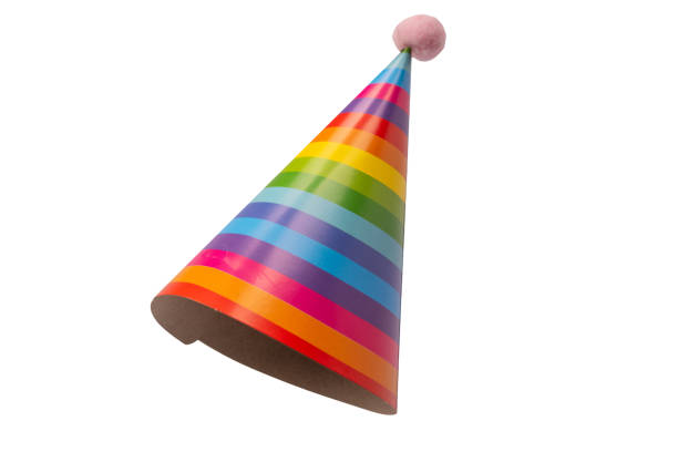 Bright 3D illustration of two colorful Happy Birthday party hats placed on a light gray background. One hat is red with yellow stripes, the other is blue with yellow stripes. Both include elastic strings and a festive tassel on top. The image conveys celebration, fun, children’s parties, and joyful birthday atmosphere. Perfect for event graphics, invitations, banners, and social media.