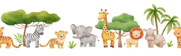 istock Seamless border with cute african animals and palm trees. Watercolor drawing. Hand drawn illustration isolated on white. 2164316156
