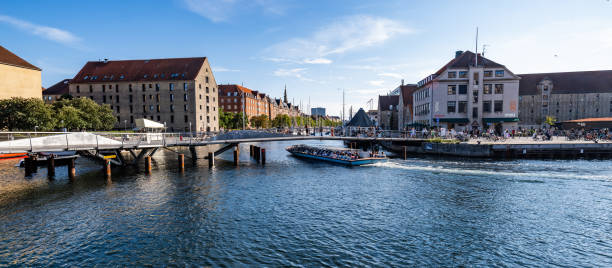 Copenhagen, Denmark - July 29, 2024: Christianshavn Canal linking the district Christianshavn, the old naval station Holmen and Copenhagen Inner Harbour