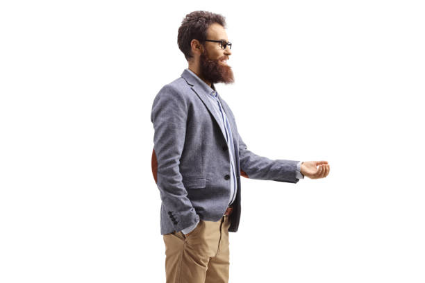 Man with glasses gesturing with hand and waiting to take something isolated on white background