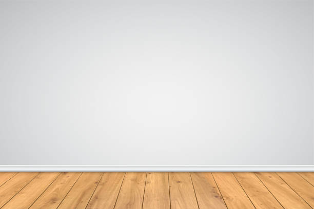 istock Wood floor with gray wall background. Wooden natural brown floor realistic vector illustration. Modern design element for product presentation. Empty interior of living room 2164323916