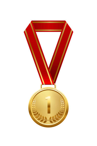 istock Gold medal with number place first and red ribbon vector illustration. Realistic isolated trophy medal with metal reward badge for winners and champions 2164323919