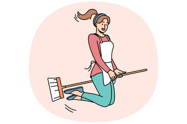 bildbanksillustrationer, clip art samt tecknat material och ikoner med happy woman flies on mop and smiles, for concept of joy from doing housework and cleaning apartment - hemmavarande förälder