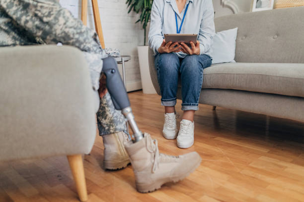 istock Focus on prosthetic leg during military therapy session. 2164328965