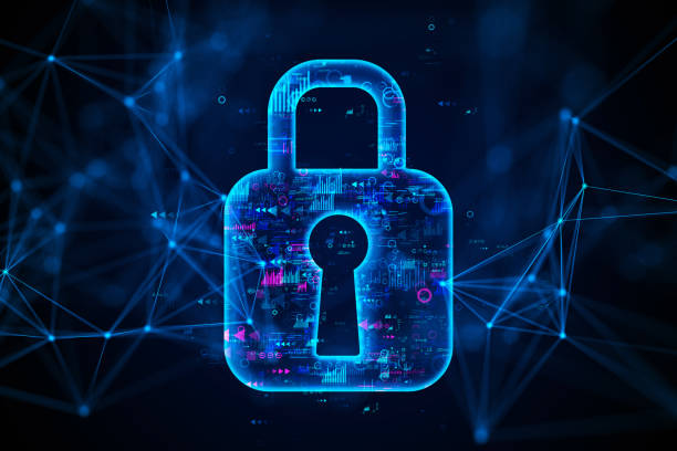 istock Digital lock on a futuristic blue network background. 3D Rendering 2164330597