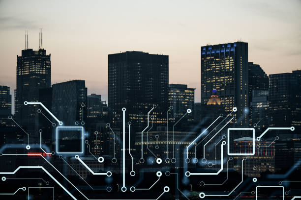 istock Modern city skyline with technology circuit overlay concept. 2164330628