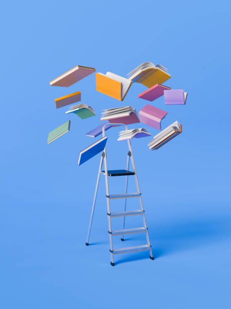 istock Flying Books Around Ladder Against Blue Background 2164331622