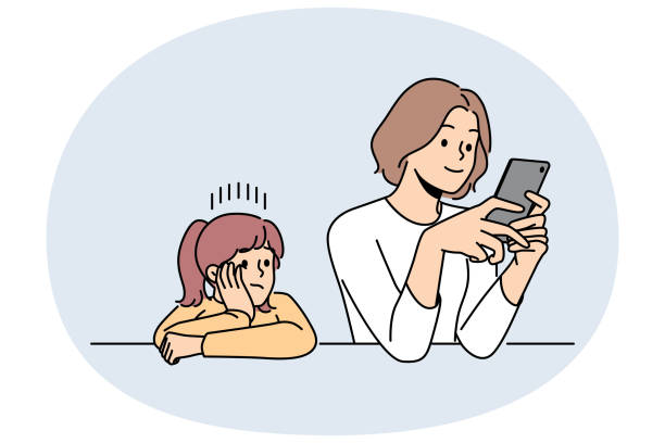 Busy mother does not pay attention to child, being addicted to phone and forgetting about daughter