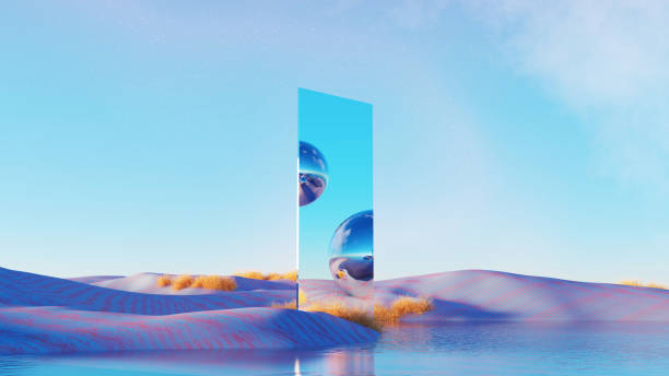istock 3d Render, Abstract Surreal landscape of dune and yellow grass with pastel sand and reflection glass and metallic ball. 2164333648