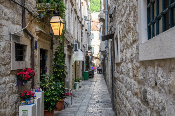 Dubrovnik, Croatia - October 5, 2019: A serene alleyway adorned with greenery and local businesses invites exploration.