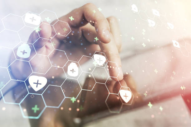 istock Creative abstract medical hologram and finger presses on a digital tablet on background, online medical consulting concept. Multiexposure 2164335646