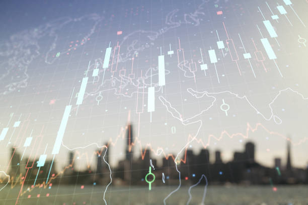 istock Double exposure of abstract creative financial diagram and world map on blurry office buildings background, banking and accounting concept 2164335669