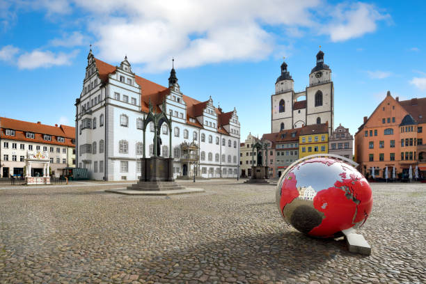 Old town hall at market square and St Mary Town Church, Luther City Wittenberg, Saxony Anhalt, Germany