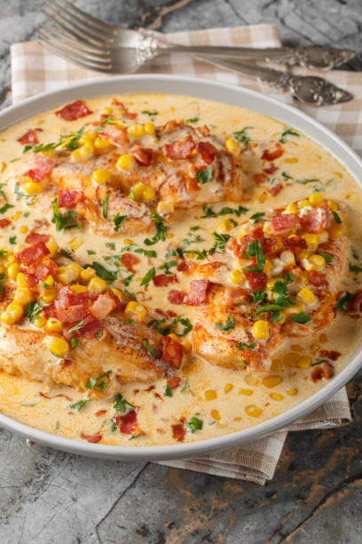 istock Creamy Chicken Corn and bacon closeup on the plate. Vertical 2164340998