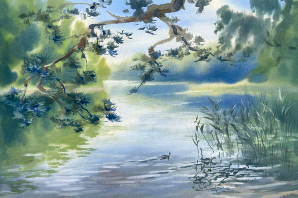 istock Summer morning by the lake watercolor background 2164342252