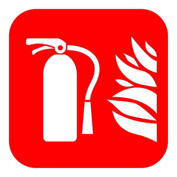 Fire extinguisher sign, fire safety pictogram Fire extinguisher sign, fire safety pictogram on white background silhouette of firefighter logo stock illustrations
