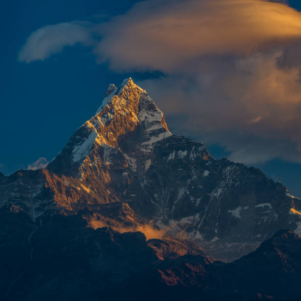 Sunrise over mount Machhapuchhare (Fishtail Mountain), Annapurna range. The Annapurna region is in western Nepal where some of the most popular treks (Annapurna Sanctuary Trek, Annapurna Circuit) are located. Peaks in the Annapurnas include 8,091m Annapurna I, Nilgiri and Machhapuchchhre. The Annapurna peaks are among the world's most dangerous mountains to climb.