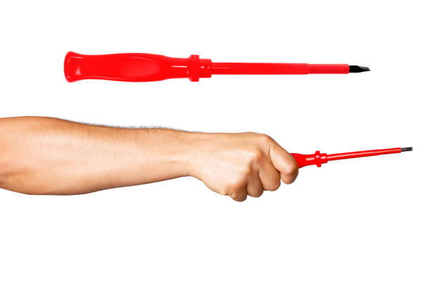 istock set. Red screwdriver on a blank background. Screwdriver in a man's hand on a blank background. 2164348903