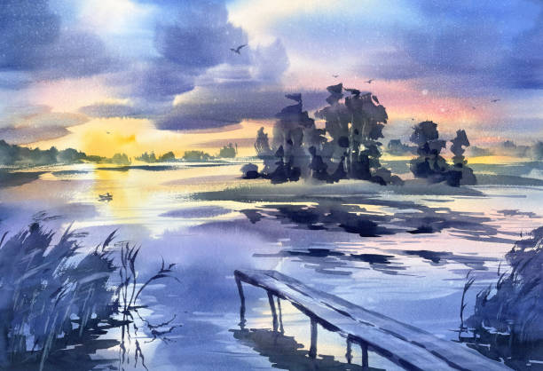 istock Violet evening by the lake watercolor background 2164349163