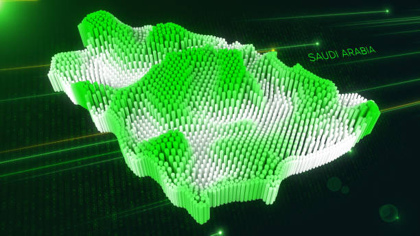 istock Digital 3D Perspective Dynamic Rippling Map of Saudi Arabia in Green and White, Set Against Dark Futuristic Background 2164353151