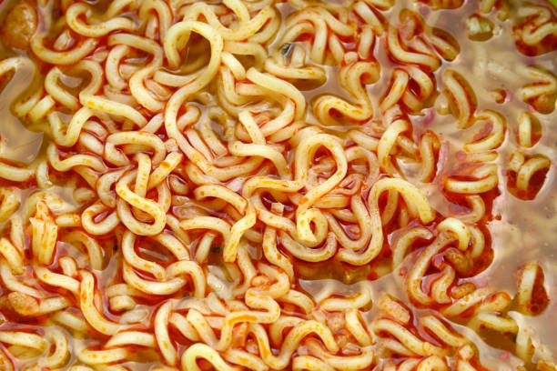 close up noodles with spicy sauce