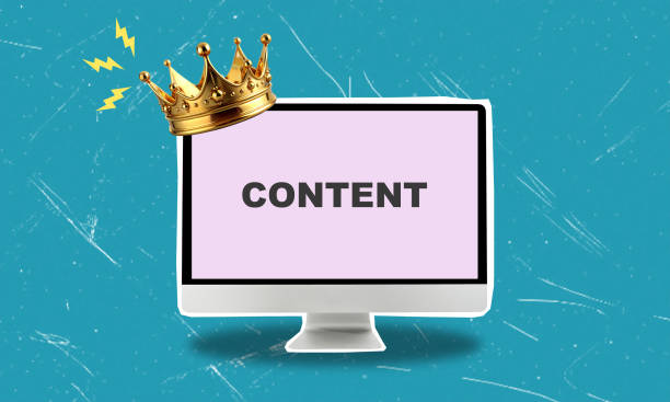 istock Art collage, computer monitor with crown and pink background with content caption on blue background. 2164356351