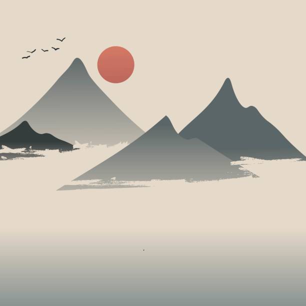 istock Japanese Mountain Landscape with Red Sun and Cherry Blossoms - Minimalist Vector Illustration 2164358926