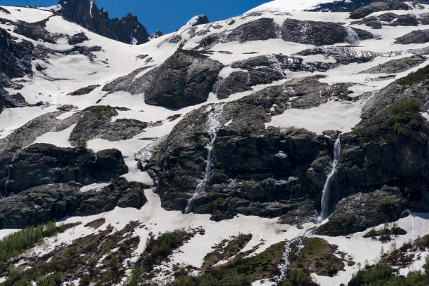 Snow-covered rocky mountain slopes with multiple waterfalls in spring